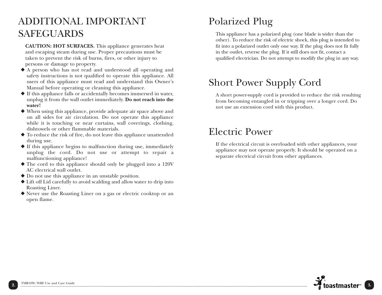 Additional important safeguards, Polarized plug, Short power supply cord | Electric power | Toastmaster TMR18W/WBF User Manual | Page 4 / 28