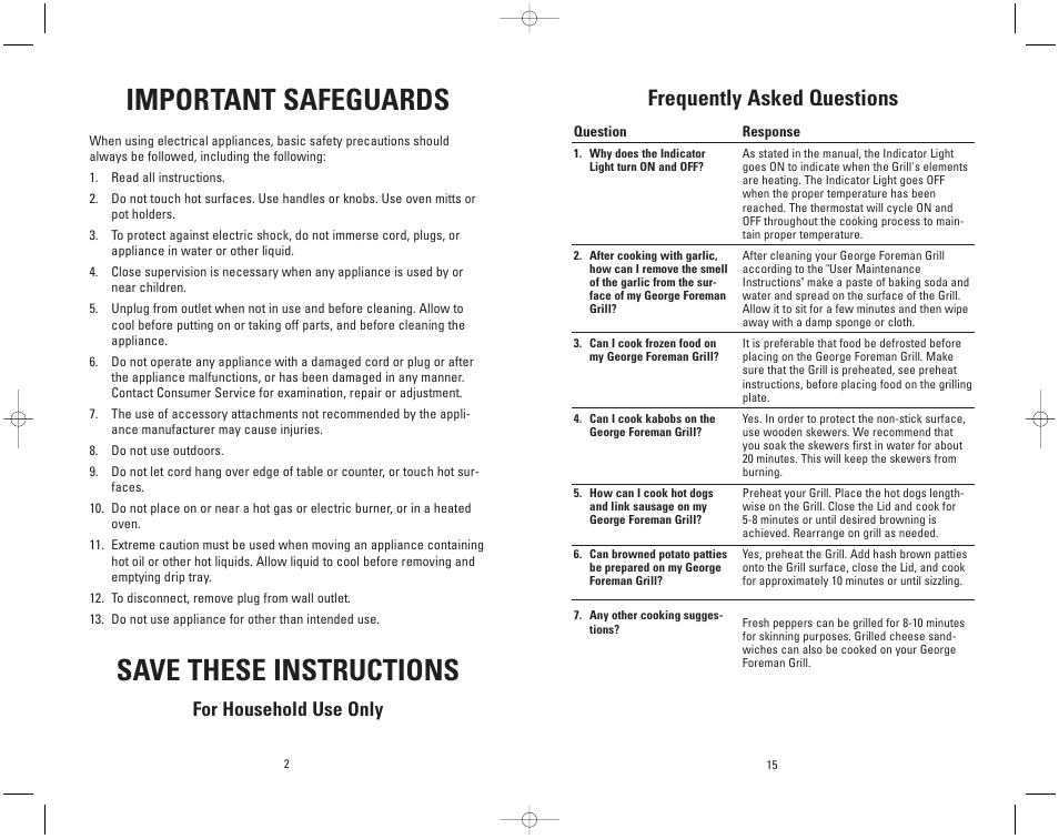 Important safeguards, Save these instructions, Frequently asked questions | For household use only | Toastmaster GR11WSP3 User Manual | Page 15 / 16