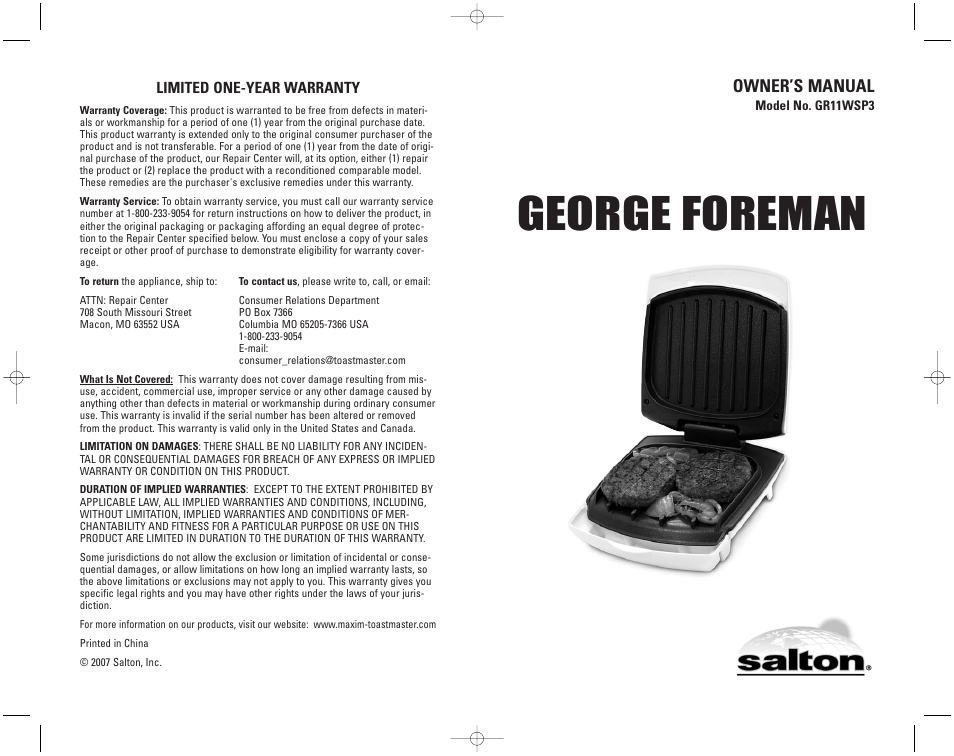 George foreman, Owner’s manual | Toastmaster GR11WSP3 User Manual | Page 16 / 16