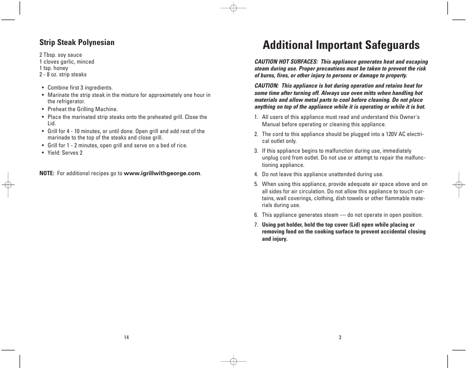 Additional important safeguards, Strip steak polynesian | Toastmaster GR11WSP3 User Manual | Page 3 / 16