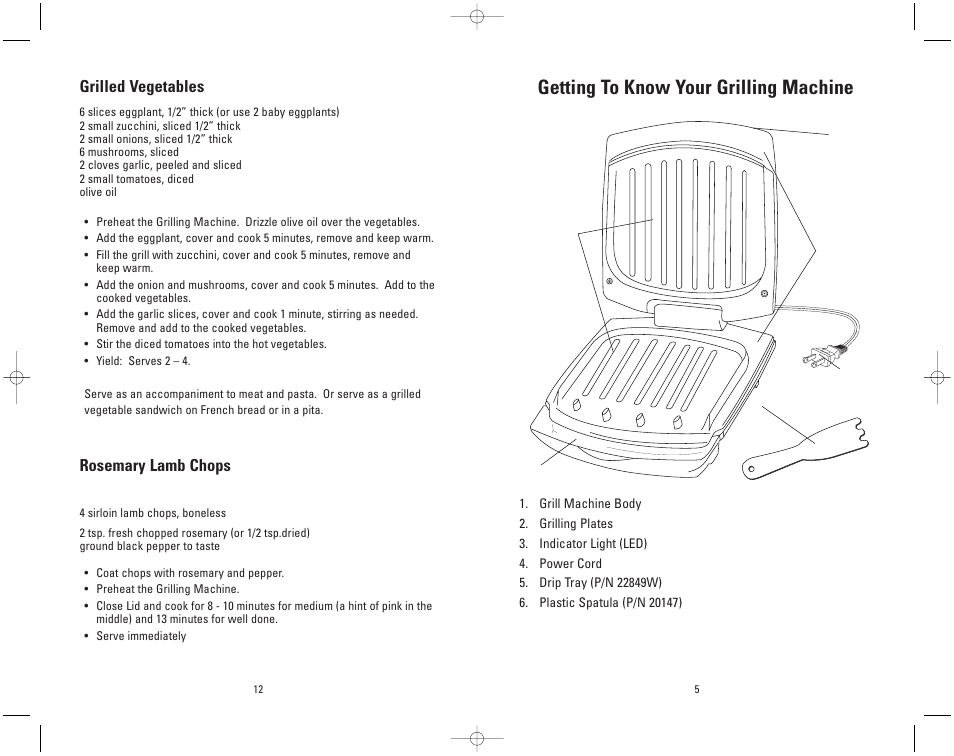 Getting to know your grilling machine, Grilled vegetables, Rosemary lamb chops | Toastmaster GR11WSP3 User Manual | Page 5 / 16