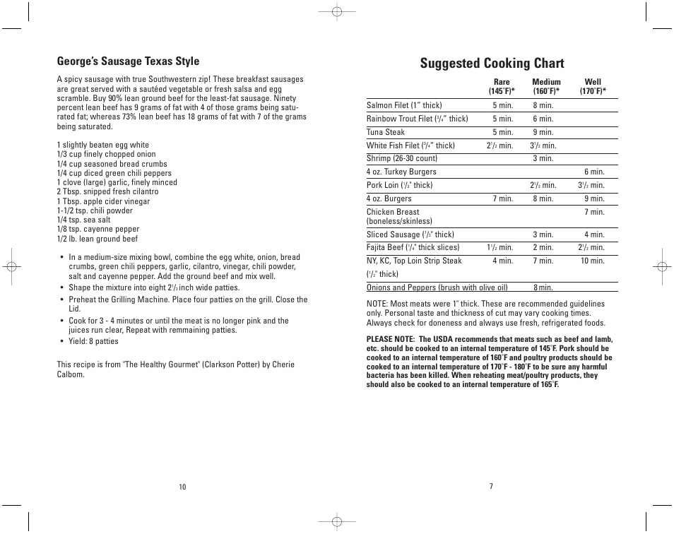 Suggested cooking chart, George’s sausage texas style | Toastmaster GR11WSP3 User Manual | Page 7 / 16