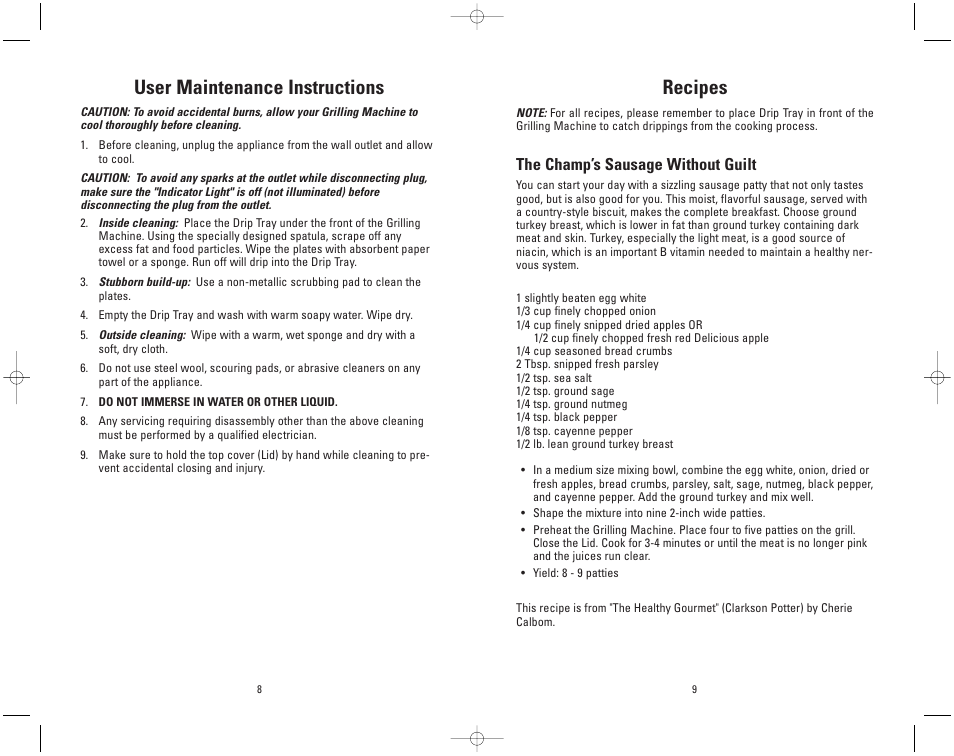 Recipes, User maintenance instructions, The champ’s sausage without guilt | Toastmaster GR11WSP3 User Manual | Page 8 / 16