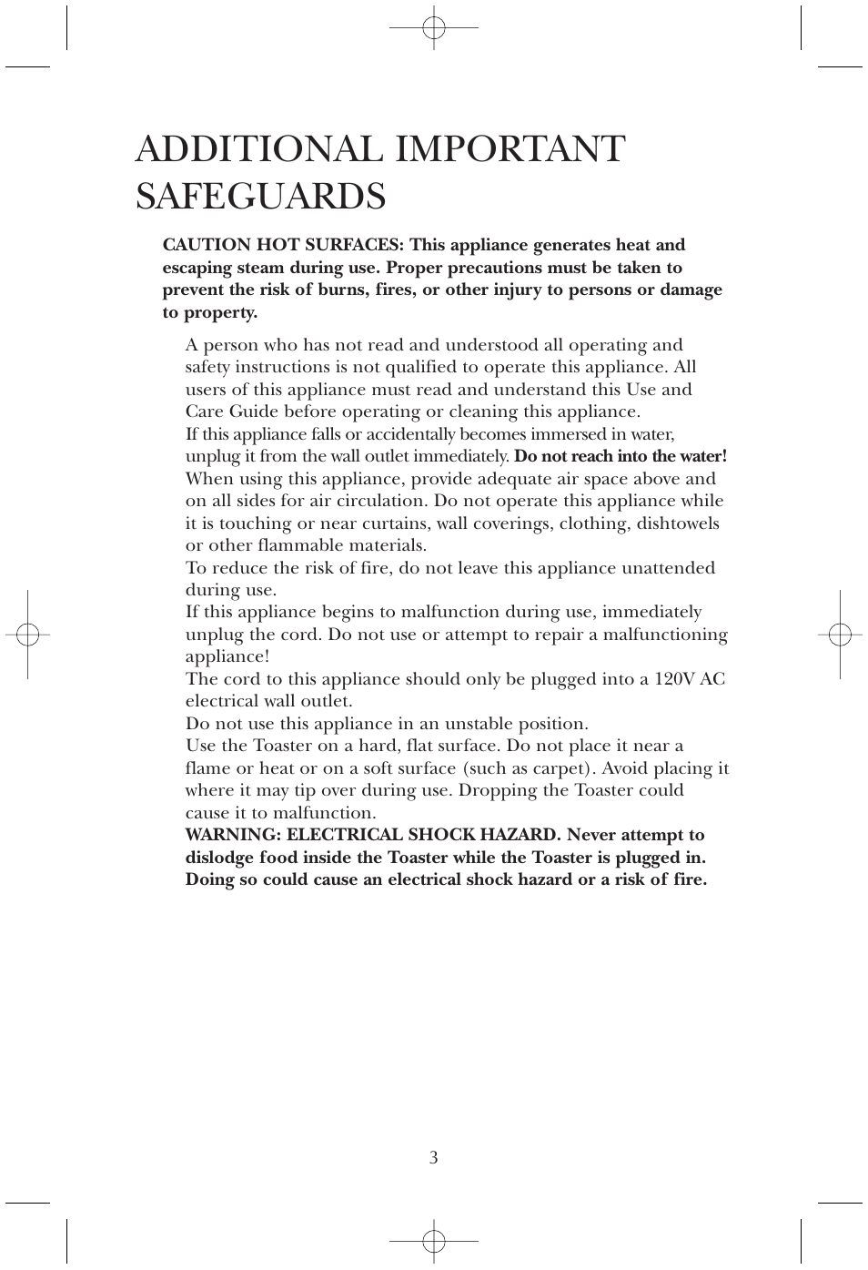 Additional important safeguards | Toastmaster T100CAN User Manual | Page 3 / 7