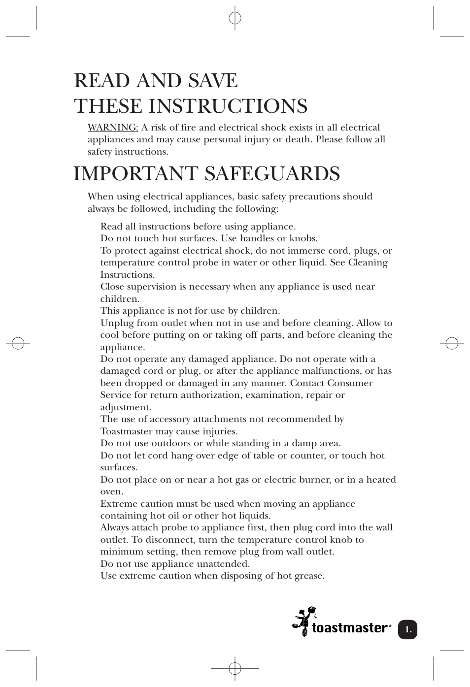 Read and save these instructions, Important safeguards | Toastmaster TG15W User Manual | Page 2 / 8