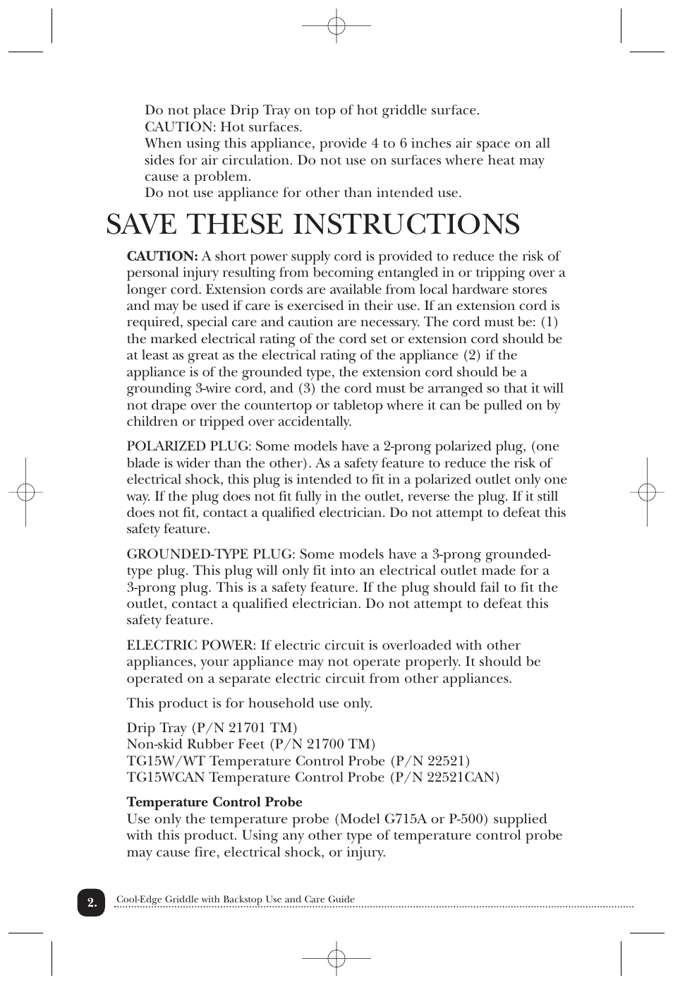 Save these instructions | Toastmaster TG15W User Manual | Page 3 / 8