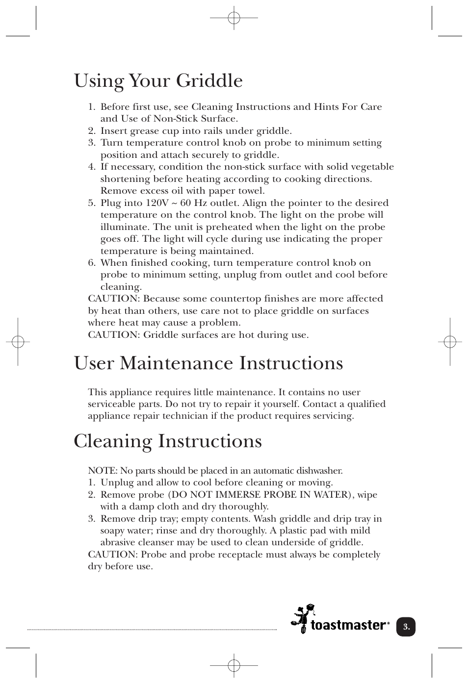 Using your griddle, User maintenance instructions, Cleaning instructions | Toastmaster TG15W User Manual | Page 4 / 8
