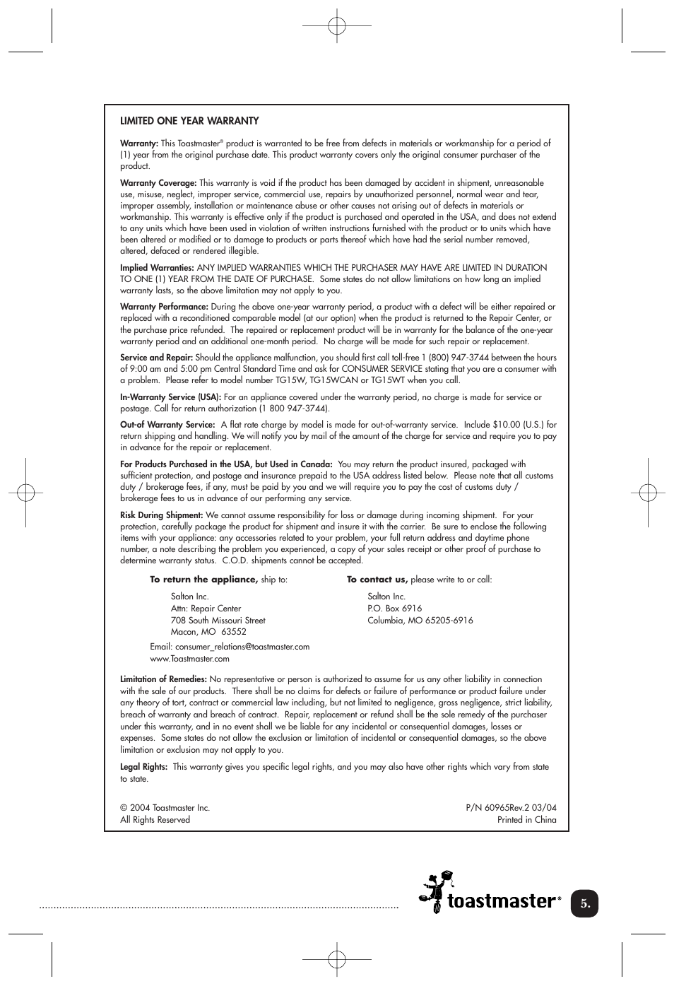Toastmaster TG15W User Manual | Page 6 / 8