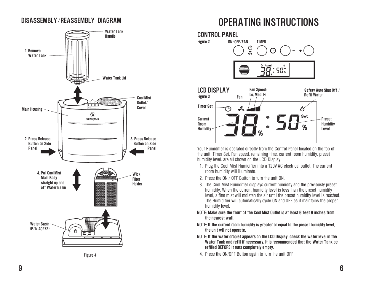 Operating instructions, Disassembly/reassembly diagram, Control panel | Lcd display | Toastmaster WST7503 User Manual | Page 10 / 16