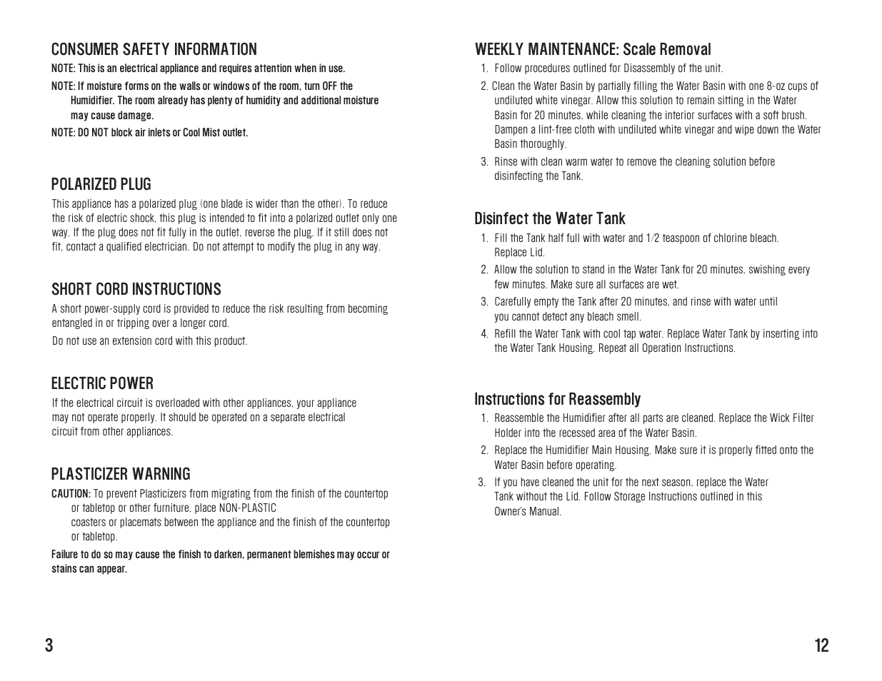 Weekly maintenance: scale removal, Disinfect the water tank, Instructions for reassembly | Consumer safety information, Polarized plug, Short cord instructions, Electric power, Plasticizer warning | Toastmaster WST7503 User Manual | Page 13 / 16