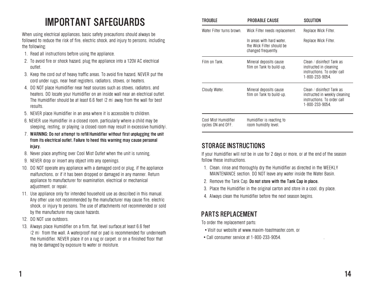 Important safeguards, Storage instructions, Parts replacement | Toastmaster WST7503 User Manual | Page 15 / 16