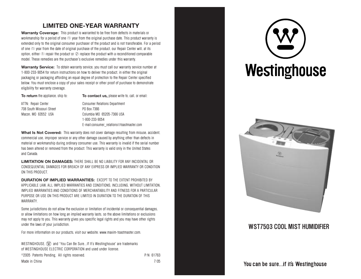 Wst7503 cool mist humidifier, Limited one-year warranty | Toastmaster WST7503 User Manual | Page 16 / 16