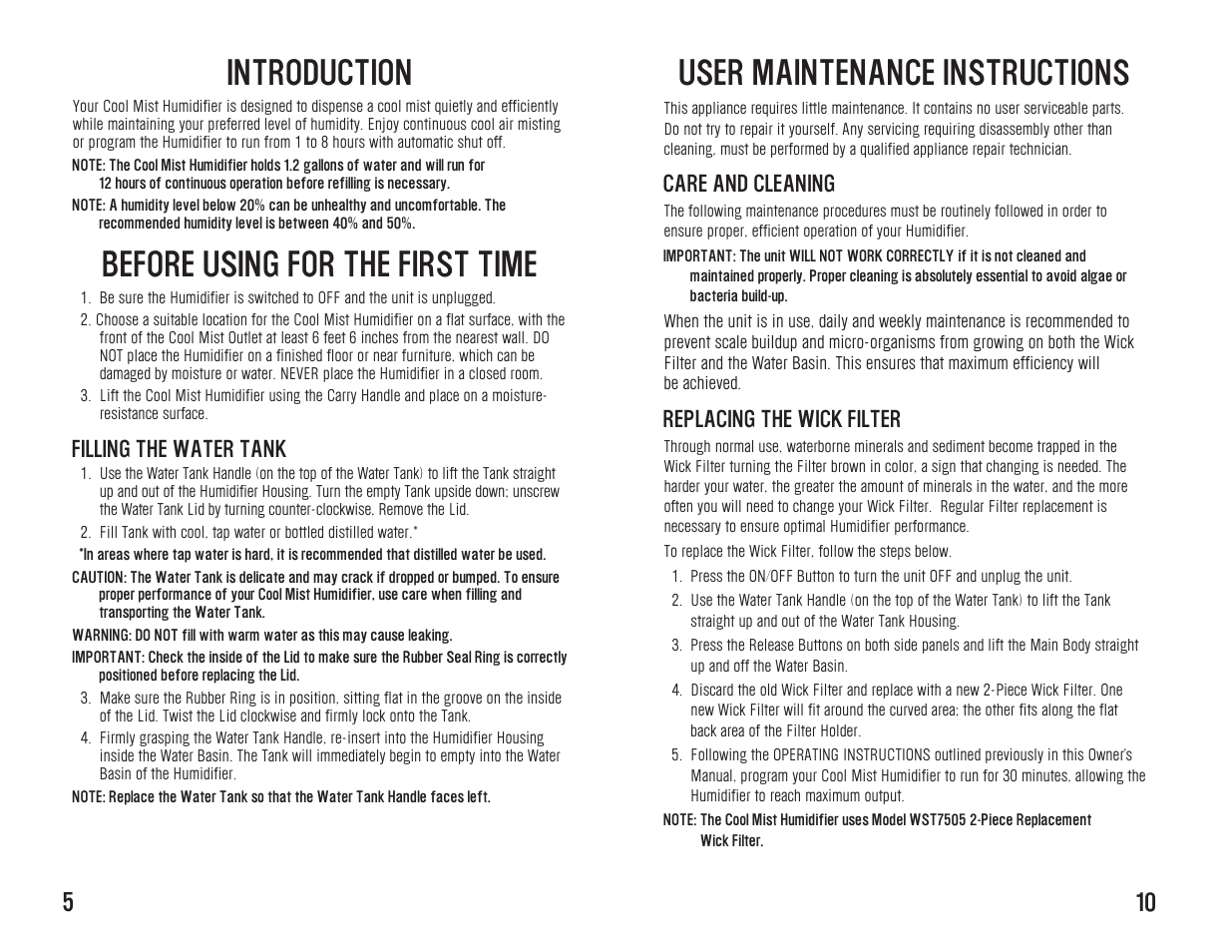 User maintenance instructions, Introduction, Before using for the first time | Care and cleaning, Replacing the wick filter, Filling the water tank | Toastmaster WST7503 User Manual | Page 6 / 16