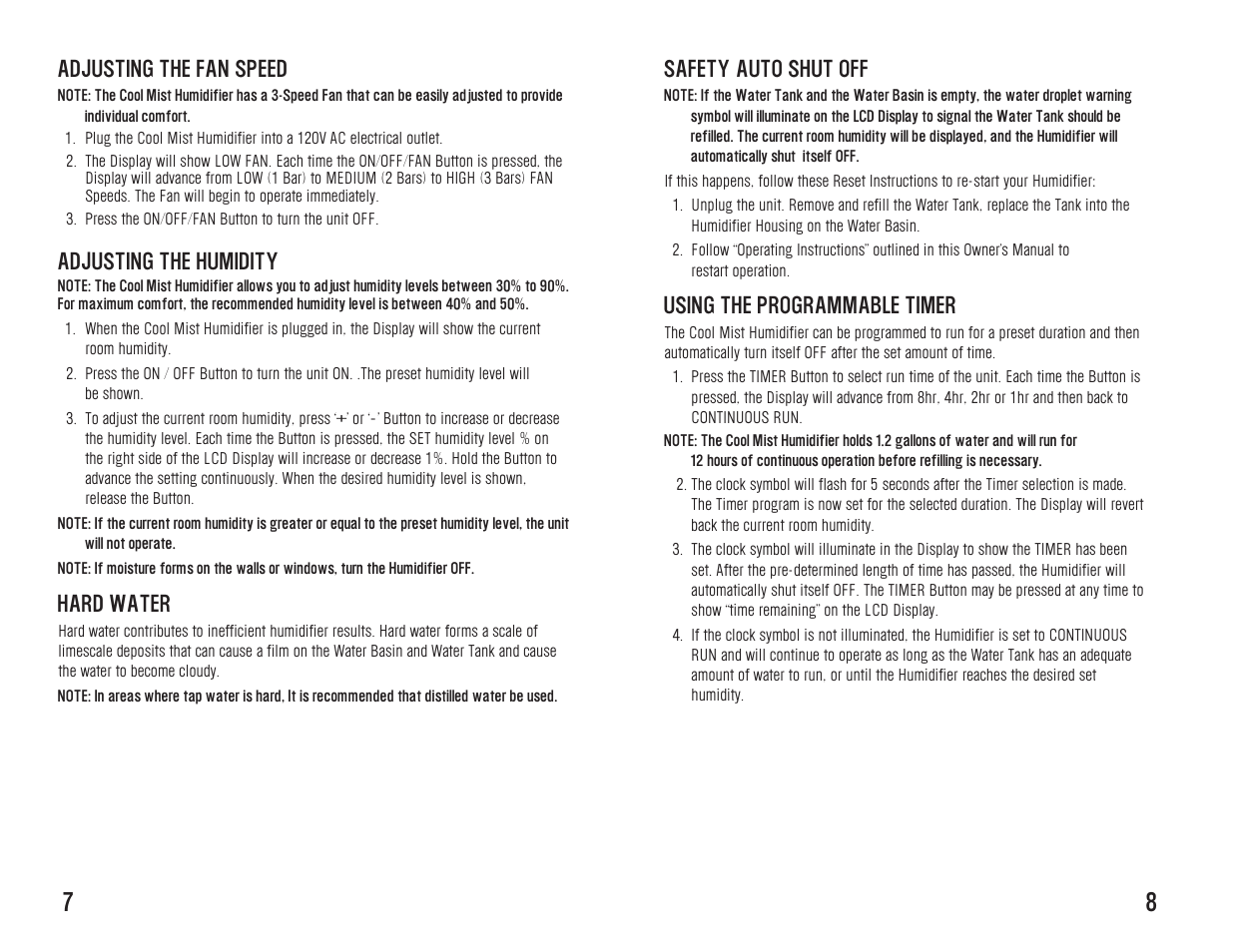 Safety auto shut off, Using the programmable timer, Adjusting the fan speed | Adjusting the humidity, Hard water | Toastmaster WST7503 User Manual | Page 8 / 16