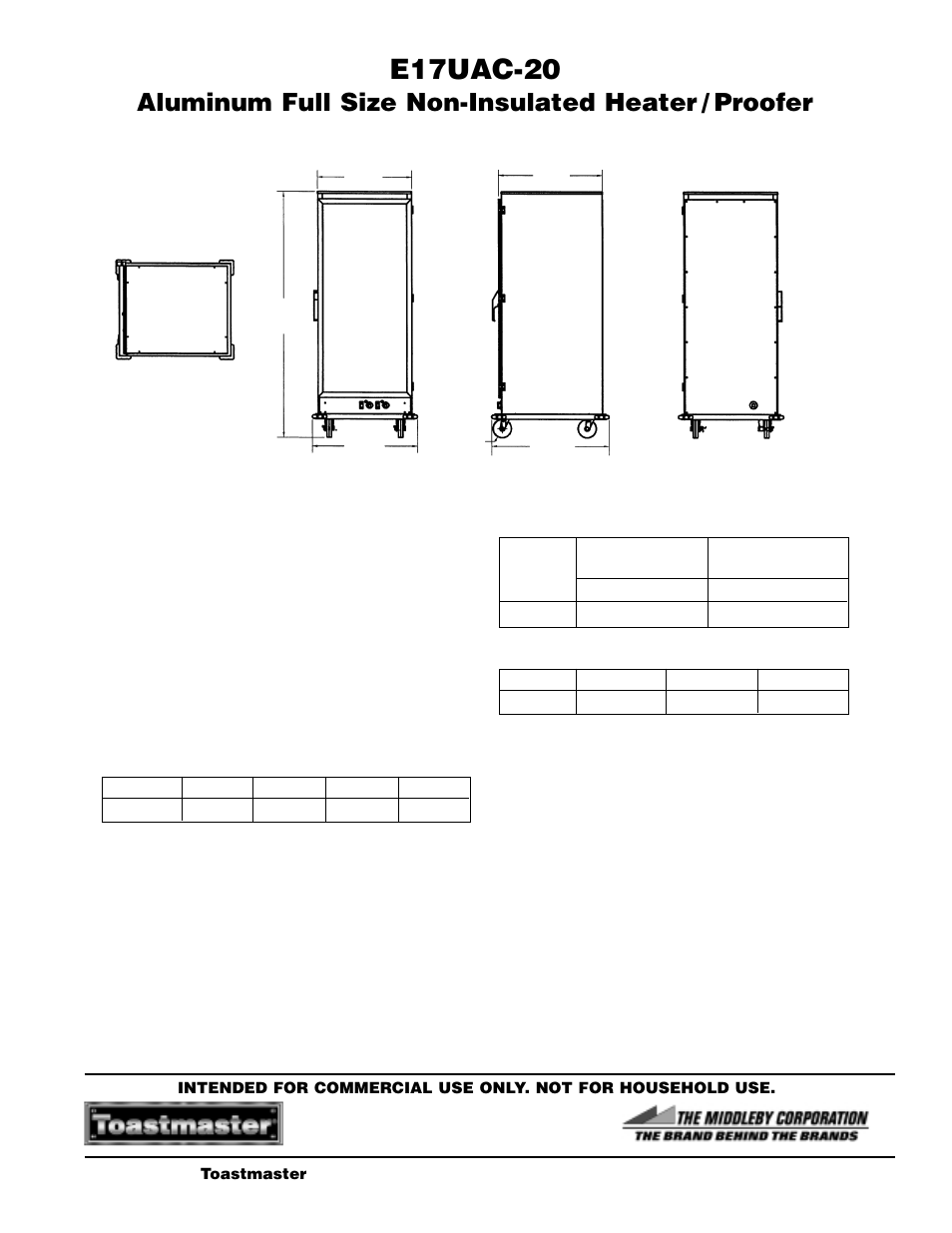 E17uac-20, Aluminum full size non-insulated heater / proofer | Toastmaster E17UAC-20 User Manual | Page 2 / 2