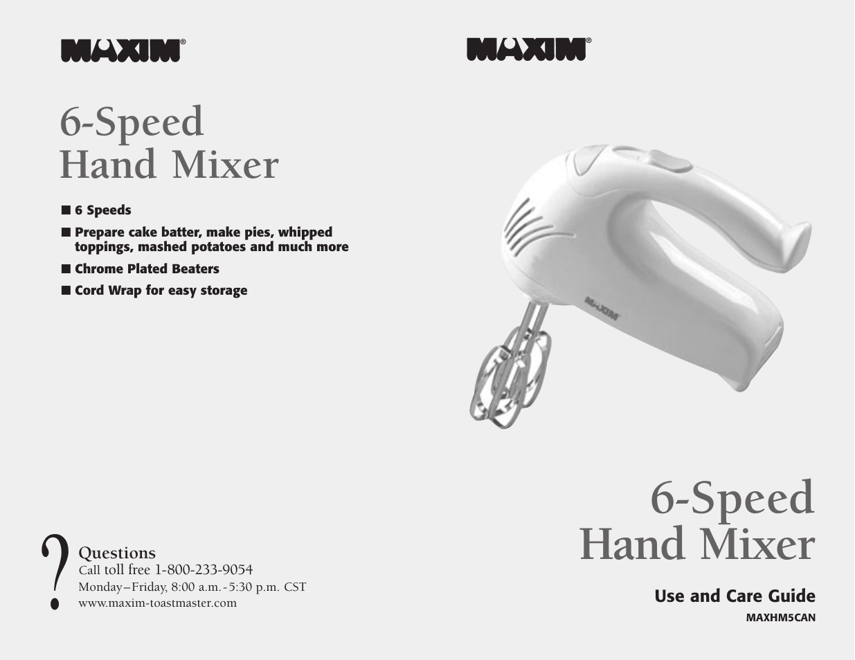 Toastmaster MAXHM5CAN User Manual | 8 pages