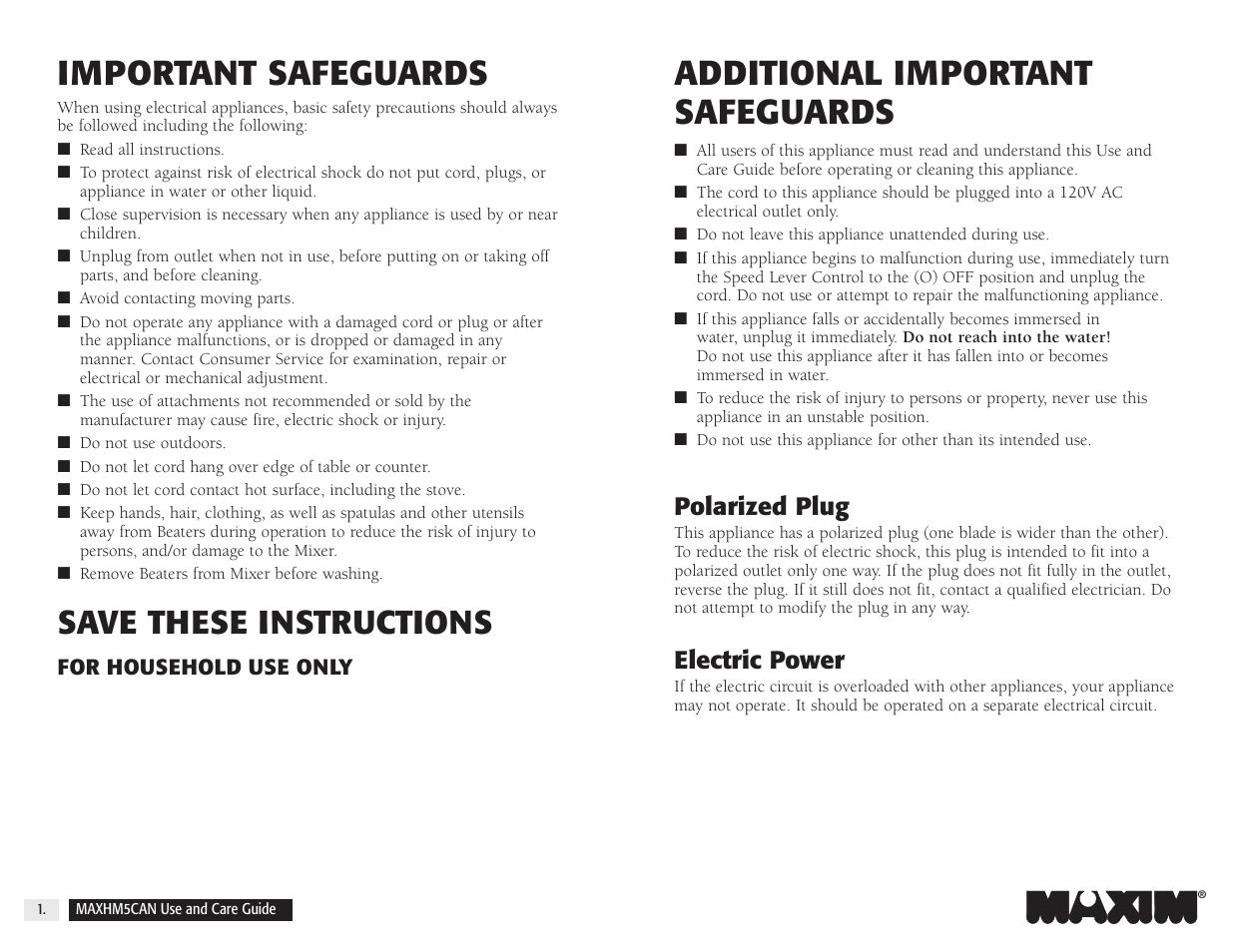 Additional important safeguards, Important safeguards, Save these instructions | Polarized plug, Electric power | Toastmaster MAXHM5CAN User Manual | Page 2 / 8