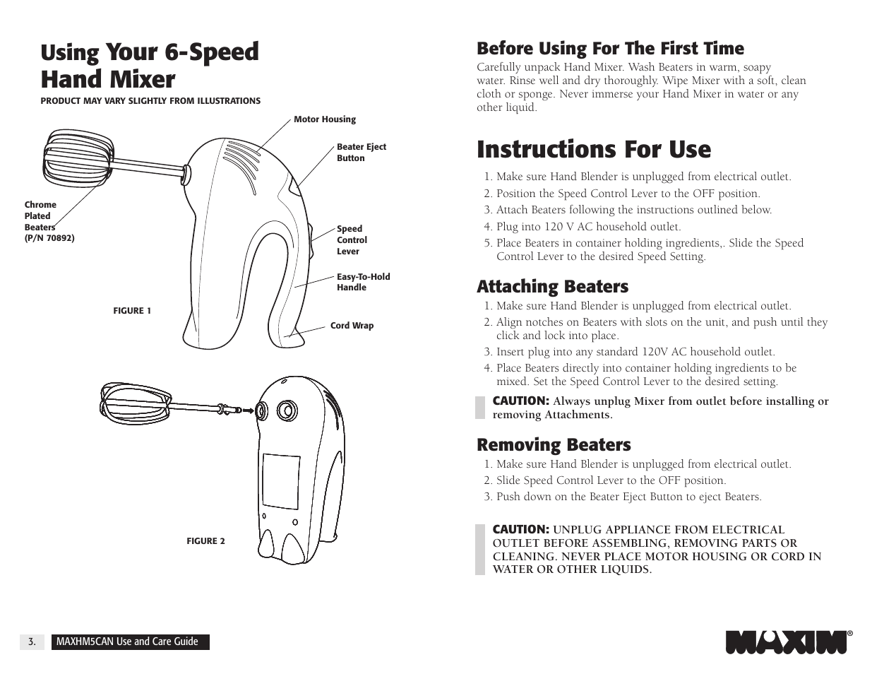 Instructions for use, Your 6-speed hand mixer, Using | Before using for the first time, Attaching beaters, Removing beaters | Toastmaster MAXHM5CAN User Manual | Page 4 / 8
