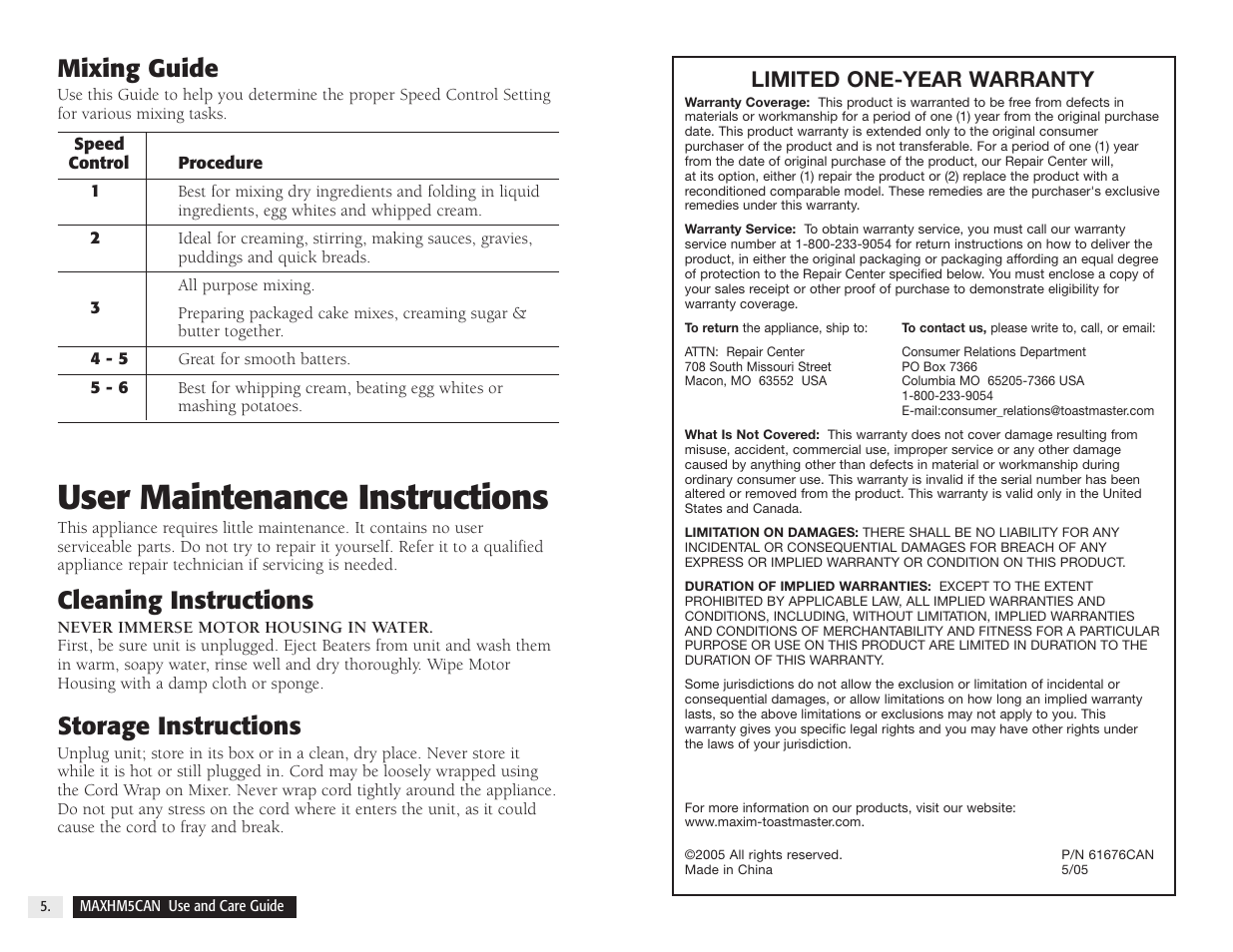 User maintenance instructions, Mixing guide, Cleaning instructions | Storage instructions, Limited one-year warranty | Toastmaster MAXHM5CAN User Manual | Page 7 / 8