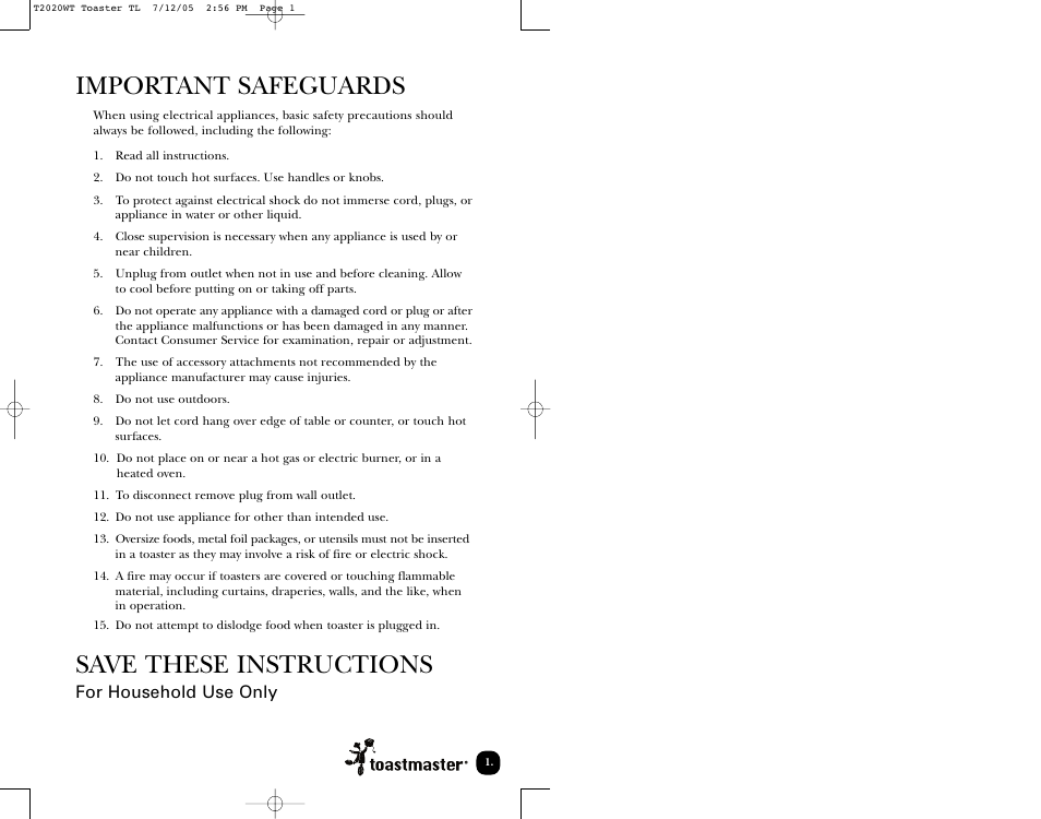Important safeguards, Save these instructions | Toastmaster T2020W User Manual | Page 2 / 10