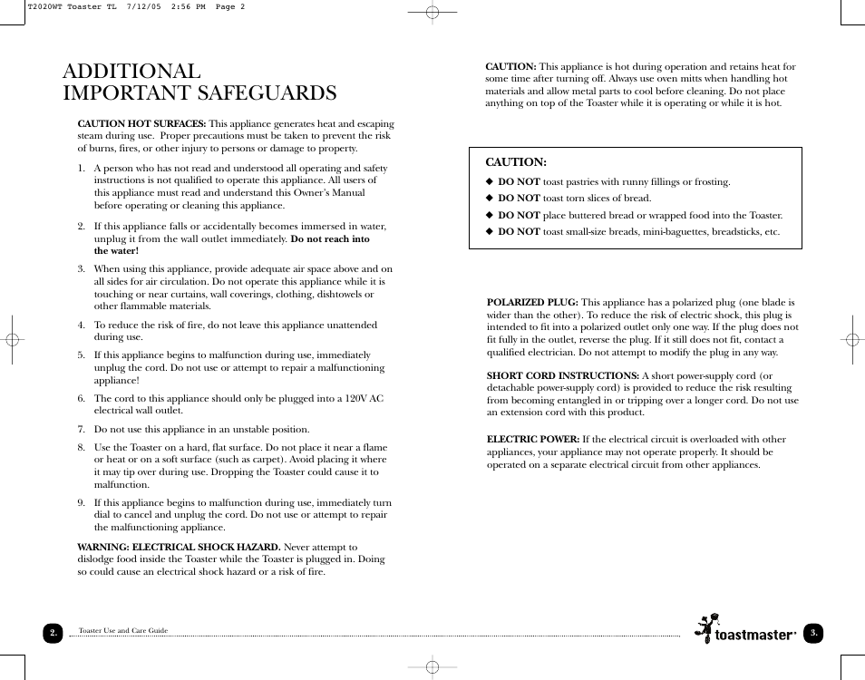 Additional important safeguards | Toastmaster T2020W User Manual | Page 4 / 10