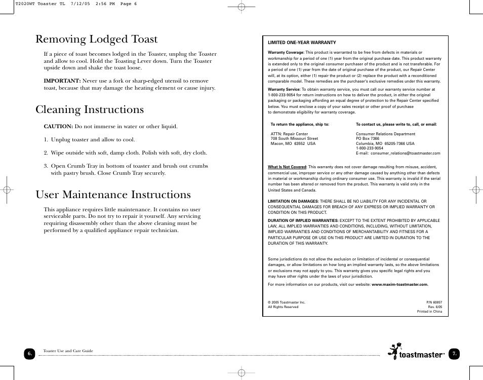 Removing lodged toast, Cleaning instructions, User maintenance instructions | Toastmaster T2020W User Manual | Page 8 / 10