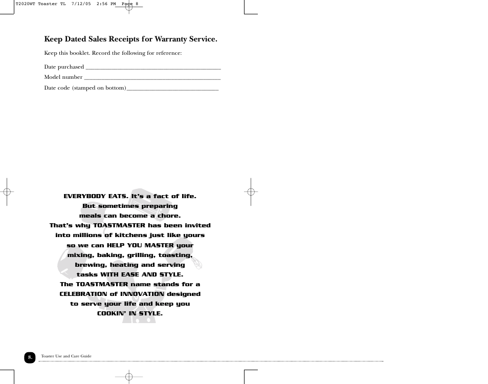 Keep dated sales receipts for warranty service | Toastmaster T2020W User Manual | Page 9 / 10