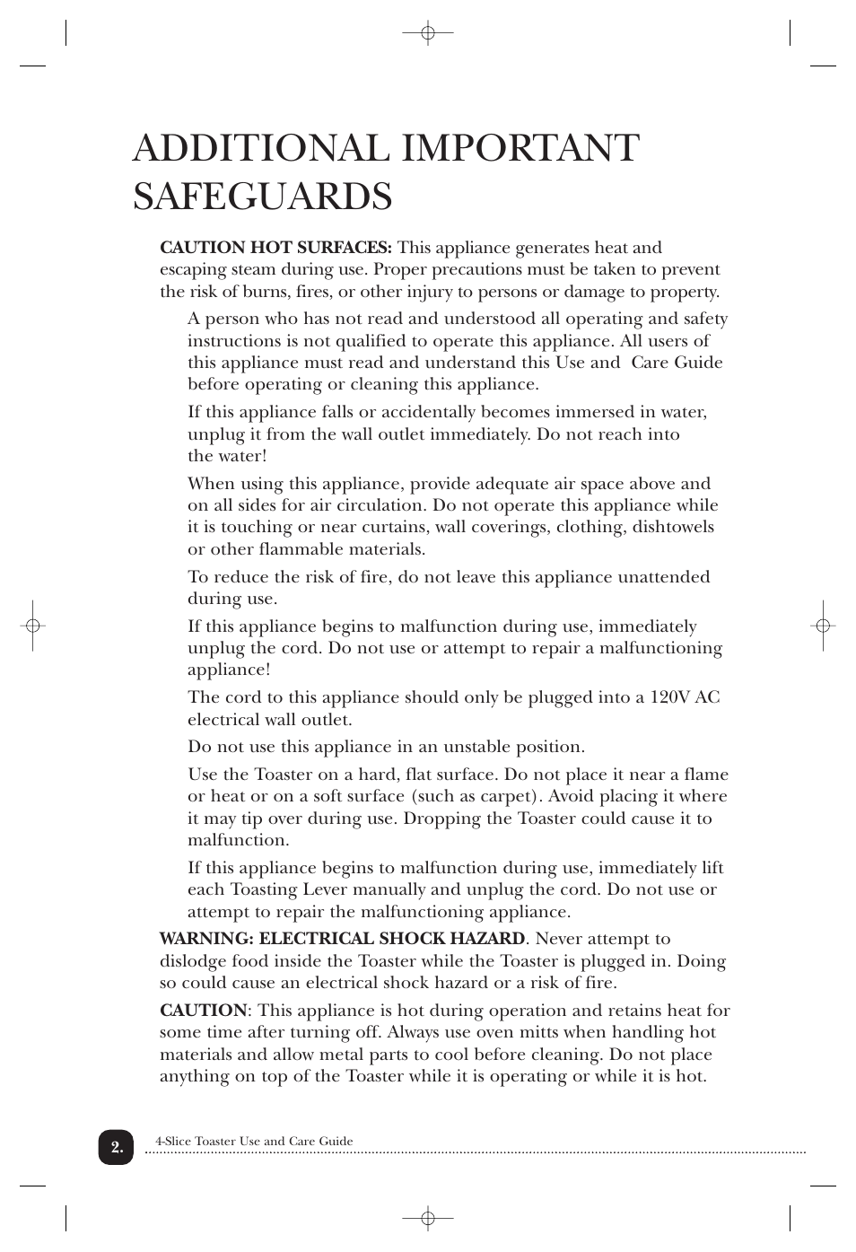 Additional important safeguards | Toastmaster TMT4 User Manual | Page 3 / 14