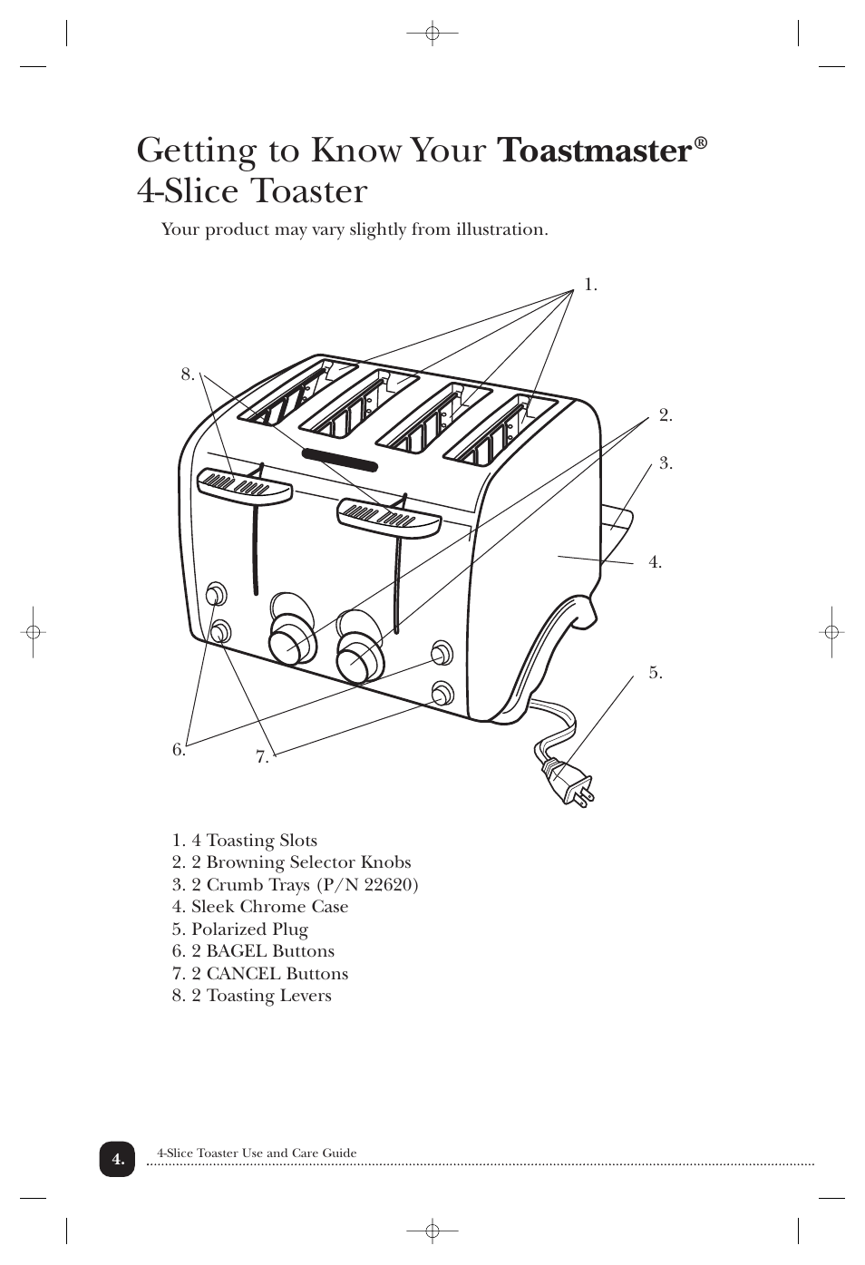 Getting to know your toastmaster, Slice toaster | Toastmaster TMT4 User Manual | Page 5 / 14
