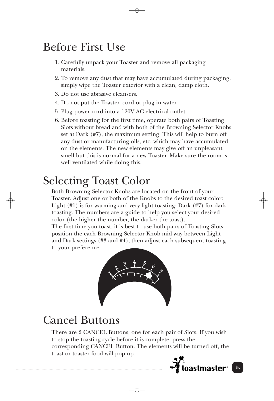 Before first use, Selecting toast color, Cancel buttons | Toastmaster TMT4 User Manual | Page 6 / 14