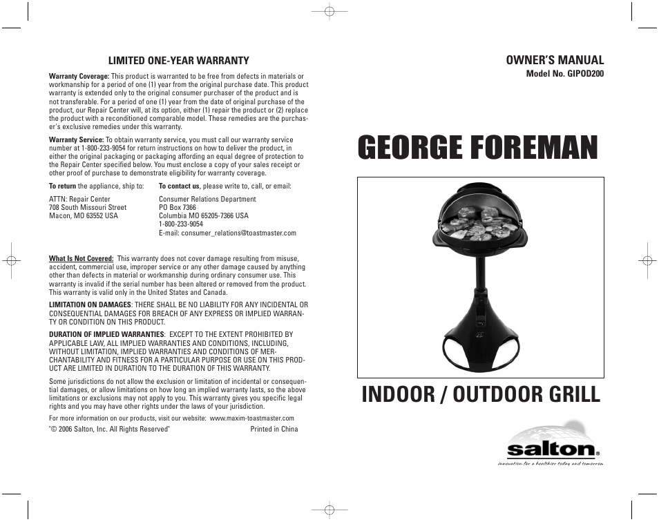 Toastmaster GIPOD200 User Manual | 12 pages