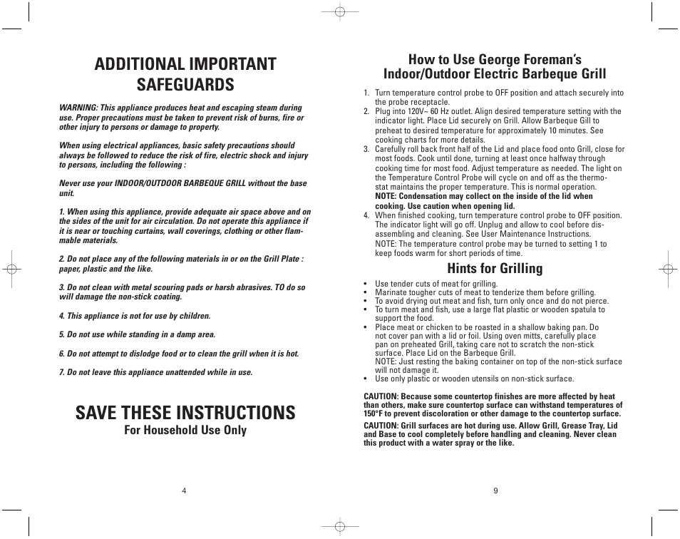 Save these instructions, Additional important safeguards, Hints for grilling | For household use only | Toastmaster GIPOD200 User Manual | Page 4 / 12