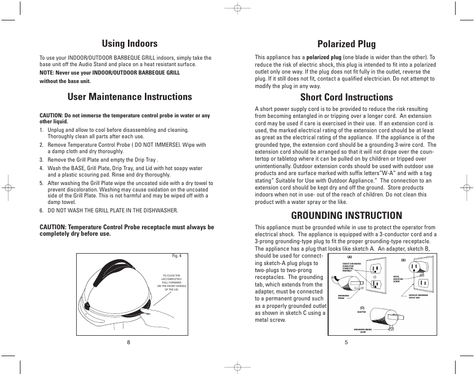 Using indoors, User maintenance instructions, Polarized plug | Short cord instructions, Grounding instruction | Toastmaster GIPOD200 User Manual | Page 5 / 12