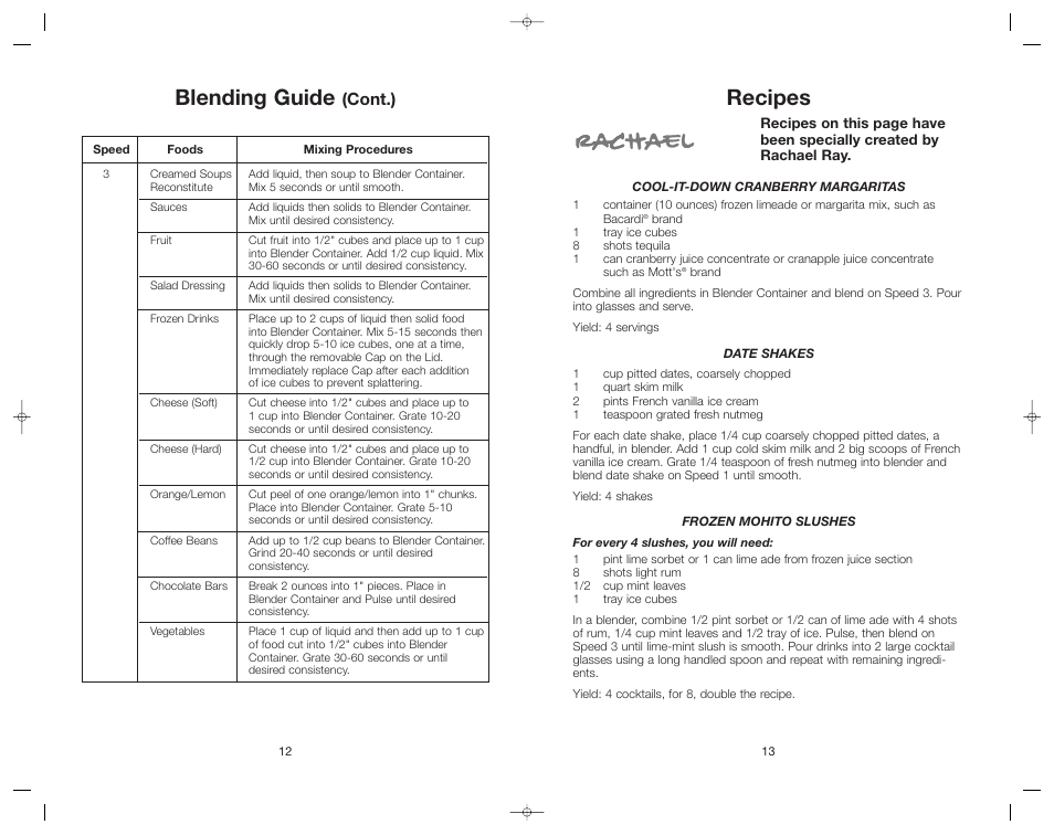 Recipes, Blending guide, Cont.) | Toastmaster RRBL2A/T User Manual | Page 13 / 24
