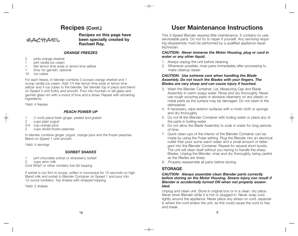 Recipes, User maintenance instructions | Toastmaster RRBL2A/T User Manual | Page 16 / 24