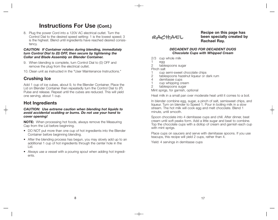 Instructions for use | Toastmaster RRBL2A/T User Manual | Page 17 / 24