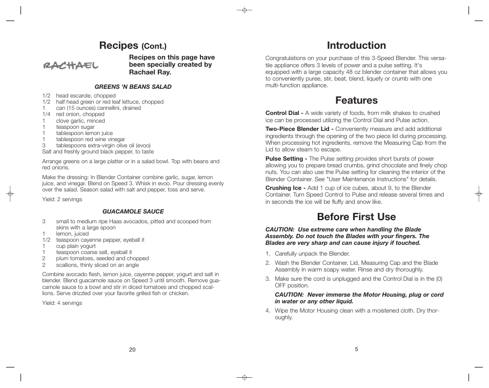 Introduction, Features, Before first use | Recipes | Toastmaster RRBL2A/T User Manual | Page 20 / 24