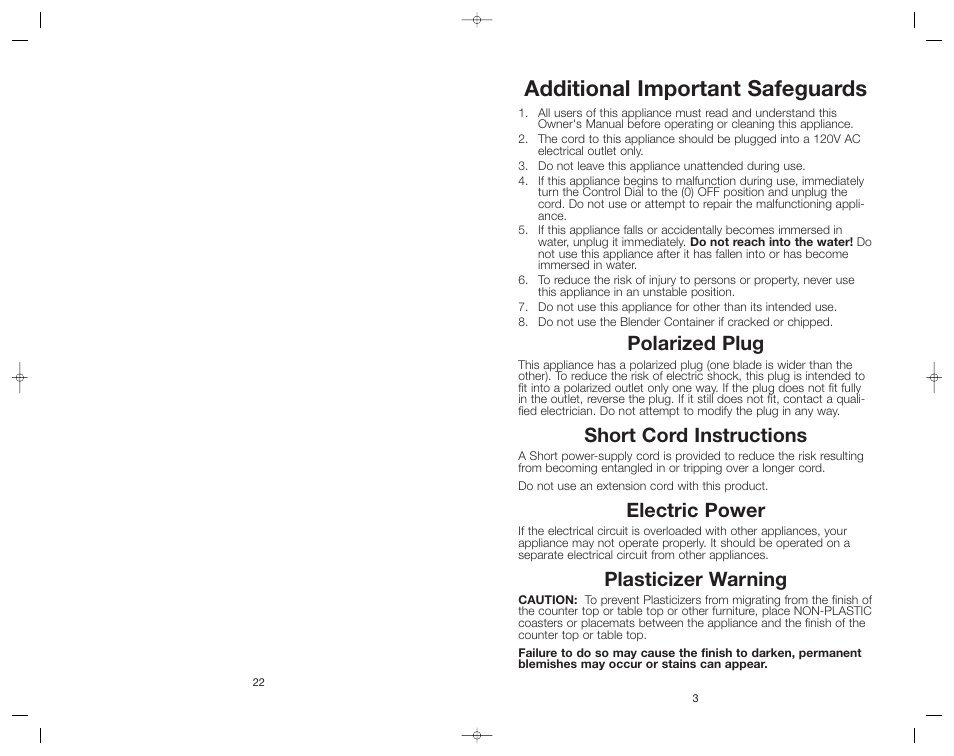 Additional important safeguards, Polarized plug, Short cord instructions | Electric power, Plasticizer warning | Toastmaster RRBL2A/T User Manual | Page 22 / 24