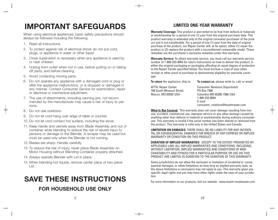 Important safeguards, Save these instructions, For household use only | Toastmaster RRBL2A/T User Manual | Page 23 / 24