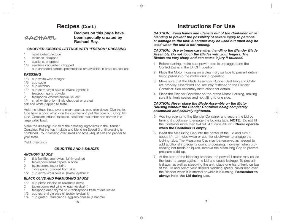 Instructions for use, Recipes, Cont.) | Toastmaster RRBL2A/T User Manual | Page 7 / 24