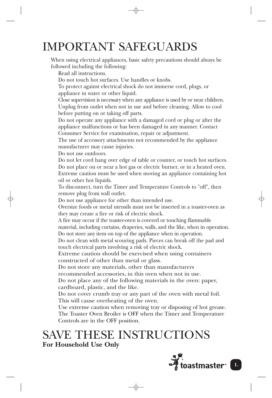 Important safeguards, Save these instructions | Toastmaster TOV425RLCAN User Manual | Page 2 / 12