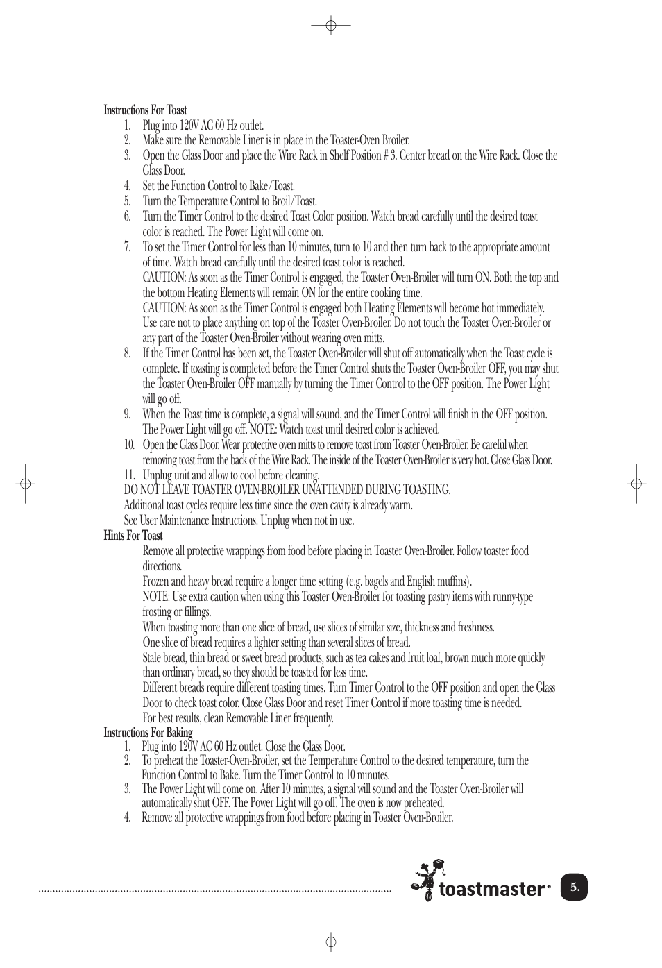 Toastmaster TOV425RLCAN User Manual | Page 6 / 12