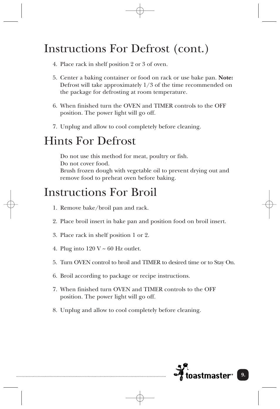Instructions for defrost (cont.), Hints for defrost, Instructions for broil | Toastmaster 357S/357SCAN User Manual | Page 10 / 15
