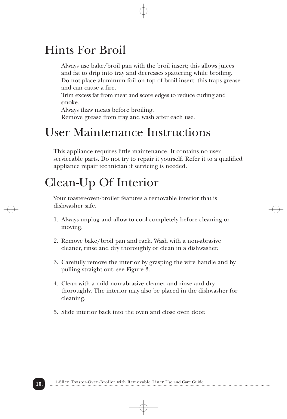 Hints for broil, User maintenance instructions, Clean-up of interior | Toastmaster 357S/357SCAN User Manual | Page 11 / 15