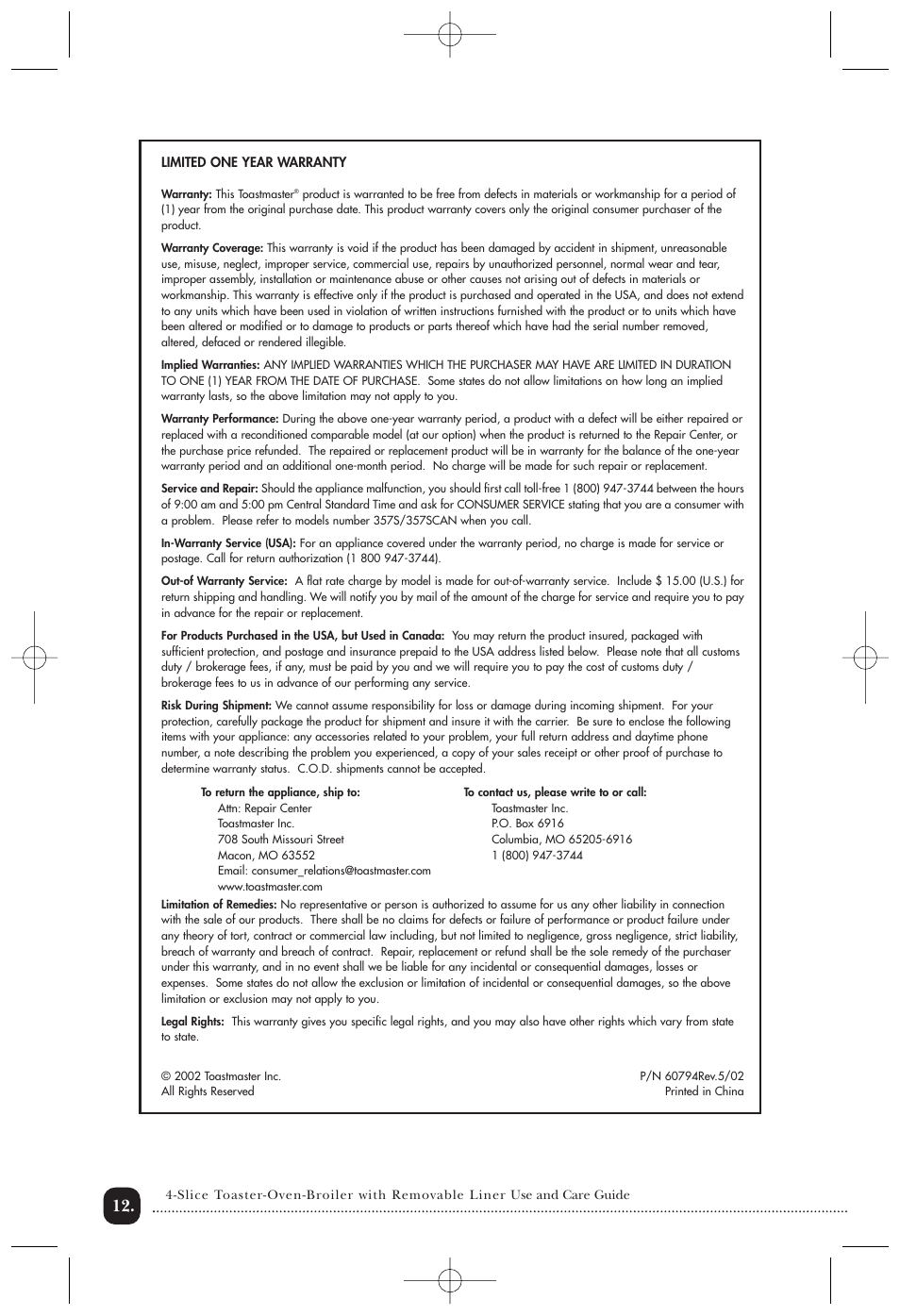 Toastmaster 357S/357SCAN User Manual | Page 13 / 15