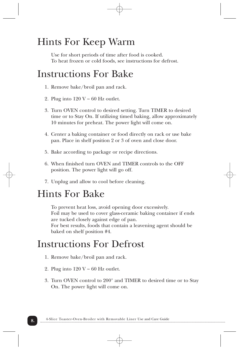 Hints for keep warm, Instructions for bake, Hints for bake | Instructions for defrost | Toastmaster 357S/357SCAN User Manual | Page 9 / 15
