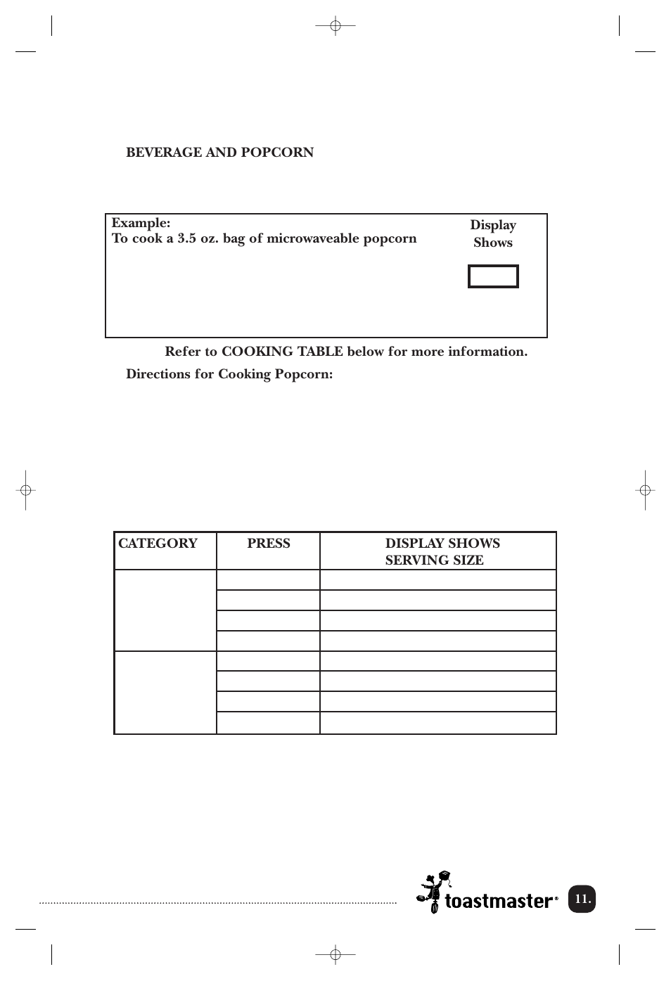 Using your microwave oven, Cooking table | Toastmaster TMW3504WCAN User Manual | Page 12 / 32