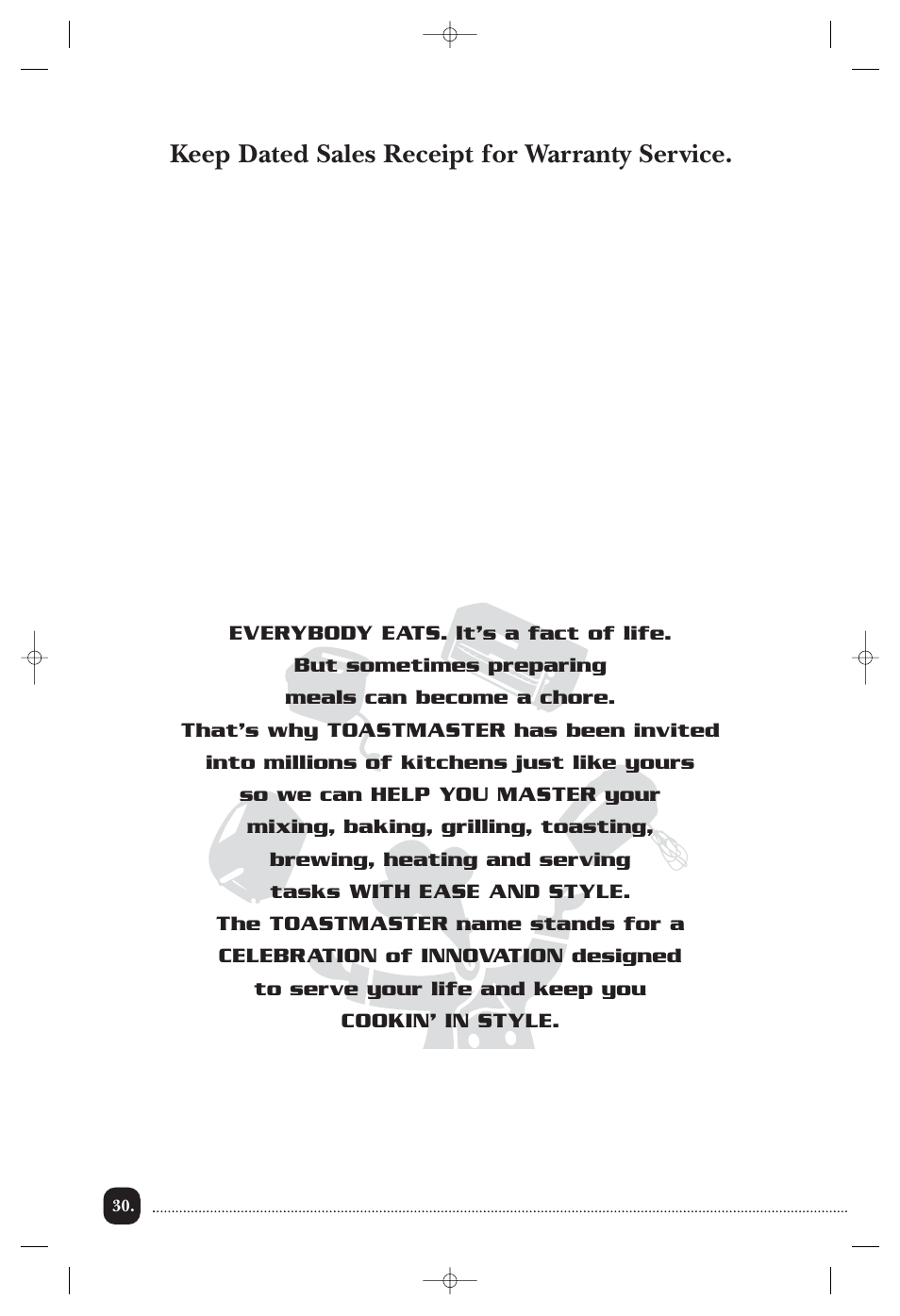 Keep dated sales receipt for warranty service | Toastmaster TMW3504WCAN User Manual | Page 31 / 32