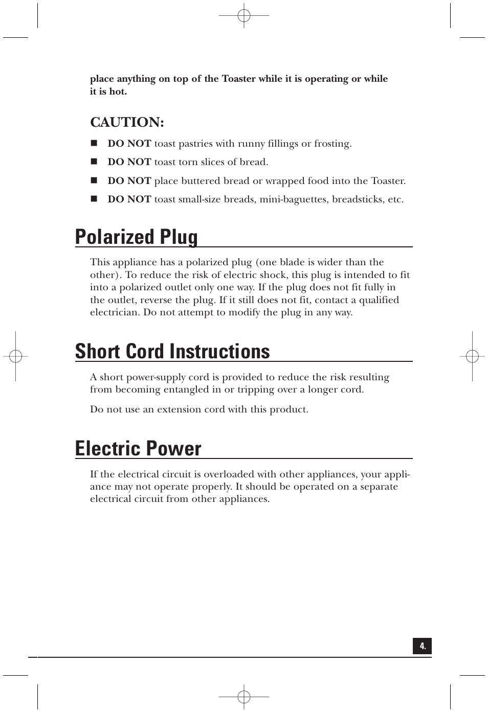 Polarized plug, Short cord instructions, Electric power | Caution | Toastmaster T2040W User Manual | Page 4 / 10