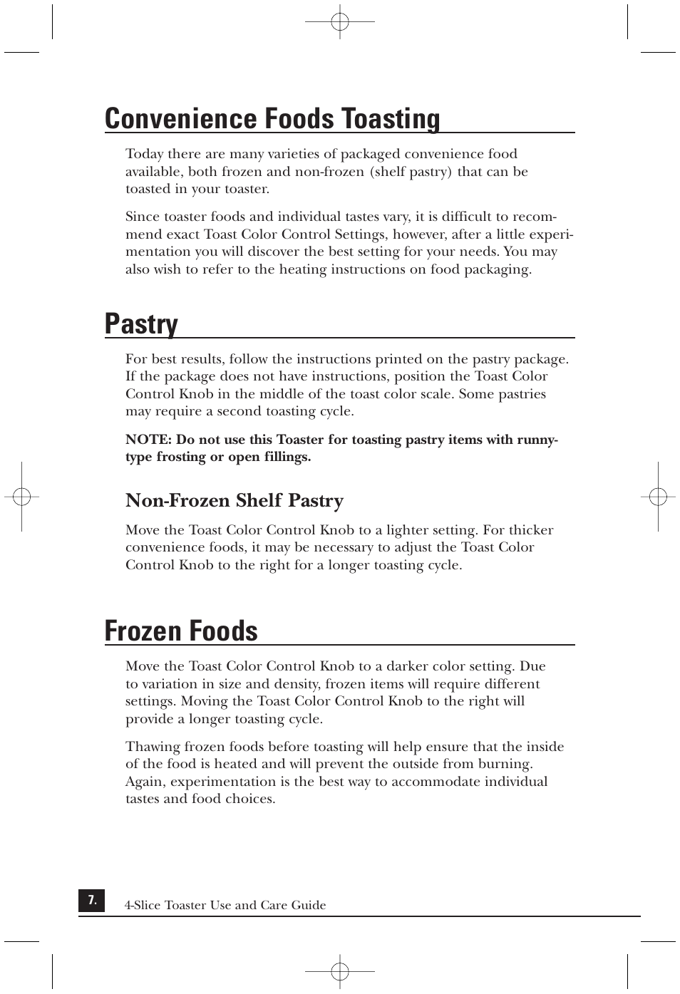Convenience foods toasting, Pastry, Frozen foods | Non-frozen shelf pastry | Toastmaster T2040W User Manual | Page 7 / 10